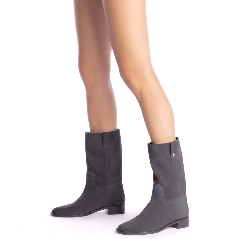 $430~LARROUDÉ~Gray Suede BARB Mid Calf Low Heel Pull-On Boots~Celeb Fav Brand~6
